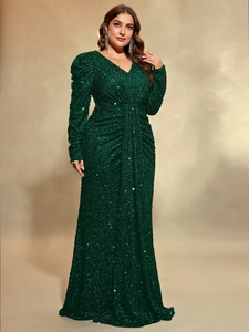 Robe de soirée élégante à paillettes vert foncé avec col en V et manches longues chic