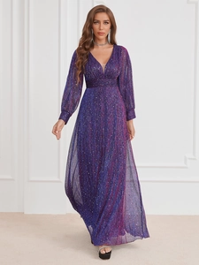 Detailed view of the iridescent sequin fabric and plunging V-neck on a purple evening gown