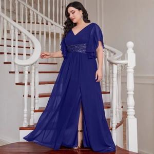 Elegant plus size royal blue maxi dress with V-neck, sequin waist and high slit design