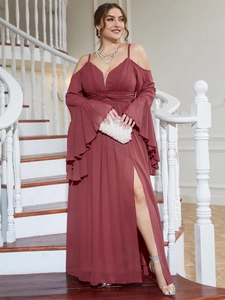 Detail of elegant V-neck cold shoulder chiffon evening gown with high slit and waist pleats