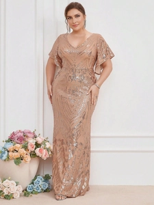Detail of elegant V-neck champagne sequined gown with ruffle sleeves and geometric embroidery
