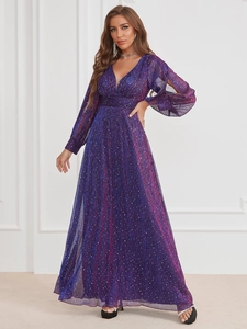 Detail of purple sequin evening gown with V-neckline and elegant pleated texture
