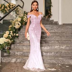 Elegant light purple sequin off-shoulder mermaid evening dress for formal events