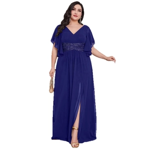 Elegant navy blue V-neck evening gown with ruffle sleeves and high slit details