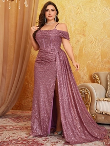 Elegant strapless sequin gown in lavender with cross-back lace-up and high side slit