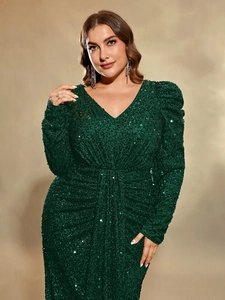 Robe de soirée élégante à paillettes vert foncé avec col en V et manches longues