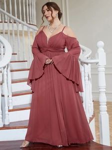 Close-up of ruffled bell sleeves and off-the-shoulder neckline on this elegant evening gown