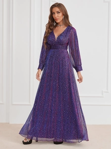 Detailed view of purple sequin evening dress featuring deep V-neck and pleated waist