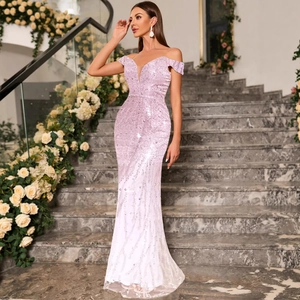 Elegant lavender sequin off-shoulder evening gown with slim mermaid silhouette and V-neck