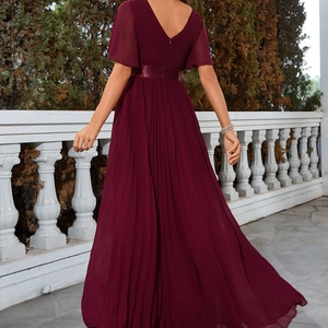 Elegant burgundy chiffon pleated evening gown with deep V-back and ruffled sleeves