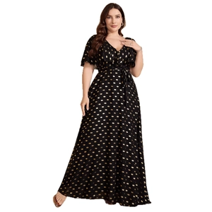 Plus size V-neck black maxi dress with gold polka dots and short sleeves