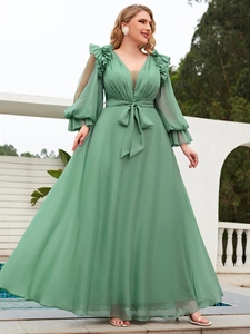 Elegantes bohnen-grünes Chiffon-Maxikleid mit V-Ausschnitt, Laternenärmeln und Taillenschleife