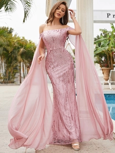 Detail of pink sequin embroidery and cape sleeve design on an off-shoulder gown