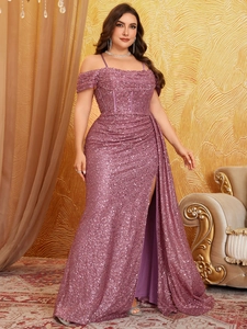 Sparkly purple sequin strapless evening gown with backless crisscross straps and high slit
