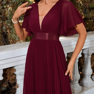Elegant V-neck pleated chiffon evening gown in burgundy with short ruffled sleeves