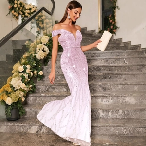 Elegant off-shoulder sequin mermaid gown with gradient pink to purple fishtail hem