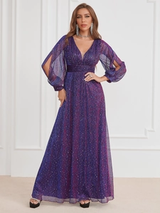 Detail of purple gradient sequin evening dress showing deep V-neck and split puff sleeves