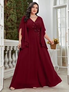 Detailed embroidery and sequins on a burgundy plus size v-neck evening gown