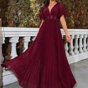 Elegant wine red chiffon pleated evening dress with deep V-neck and ruffle sleeves