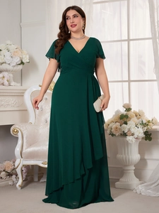 Detail of V-neck dark green chiffon maxi dress with ruffled sleeves and tiered skirt
