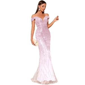 Elegant off-shoulder pink sequined mermaid evening gown with a slim-fit V-neck silhouette