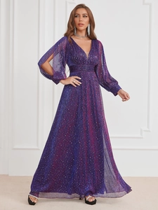 Detailed view of shimmering purple sequins and elegant V-neck design on long evening gown