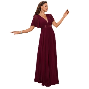 Elegant burgundy V-neck chiffon evening gown with pleated A-line skirt and waist belt