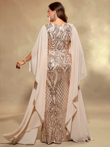 Back view of champagne gown featuring sequined embroidery and elegant chiffon cape sleeves