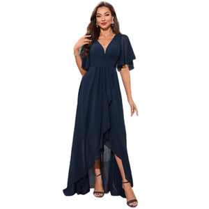 Elegant navy blue V-neck chiffon evening dress with ruffled sleeves and high-low hemline
