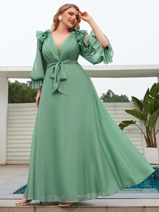 Elegantes grünes Chiffon-Maxikleid mit V-Ausschnitt, Laternenärmeln und Bindegürtel