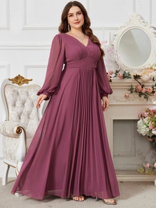 Abito lungo a pieghe in chiffon con scollo a V e maniche a lanterna viola prugna