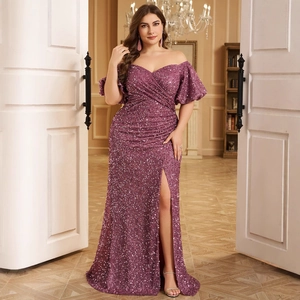 Abito da Sera Taglie Forti in Paillettes con Spalle Scoperte Arricciato Spacco Alto Maxi Abito Aderente per Banchetti Feste Donna