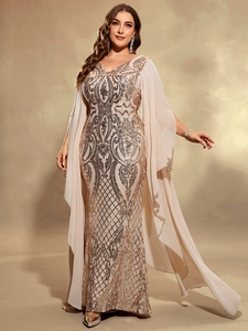 Detail of elegant sequined embroidery and flowing chiffon cape sleeves on a V-neck evening gown