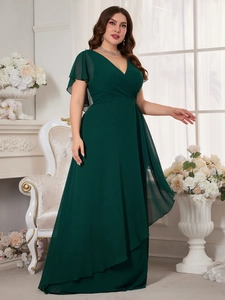Detail of V-neckline and ruffled short sleeves on this dark green chiffon evening dress