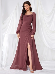 Elegant square neck burgundy chiffon bridesmaid dress with long lantern sleeves and side slit