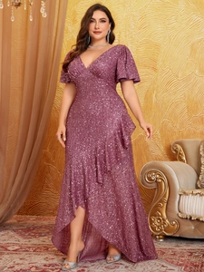 Detailed view of the purple plus-size sequin evening dress with ruffled high-low hemline
