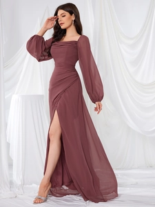 Elegant square neck long puff sleeve chiffon bridesmaid dress with draped split in mauve
