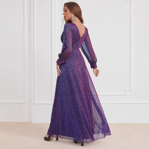 Sparkling purple V-neck long evening gown with glitter texture and lantern sleeves