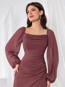 Elegant square neck long sleeve chiffon bridesmaid dress with draped waist slit in dark mauve