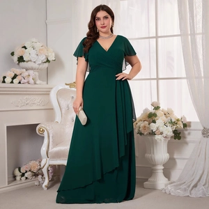 Plus Size Women Elegant V Neck Ruffle Sleeve Chiffon Evening Dress Asymmetric Hem Maxi Gown Formal Party Wedding Dress