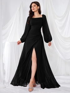 Detail of elegant black square neck chiffon dress with side slit and draped waist design