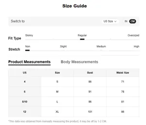 Size guide for V-neck chiffon dress showing bust and waist measurements in cm
