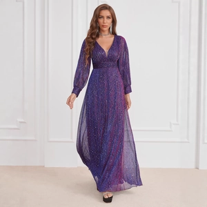 Elegant purple sequin long dress with V-neck, puff sleeves and a waist-cinching silhouette