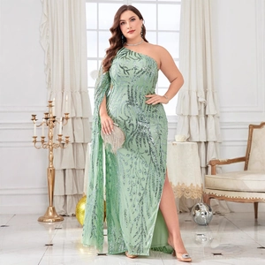 Plus size light green one shoulder sequin evening gown with side slit and long cape sleeve