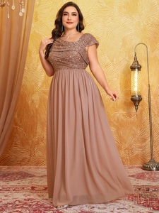 Close-up of sequin bodice and pleated chiffon hem on a dusty rose evening dress
