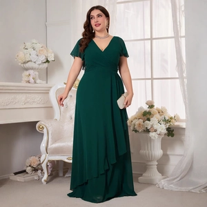 Elegant plus size dark green V-neck chiffon evening gown with ruffle sleeves and irregular hem