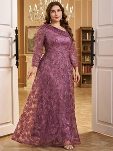 Robe de soirée élégante grande taille violette à paillettes avec broderie dentelle