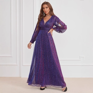 Elegant purple sequin evening dress with deep V-neck, long sleeves and shimmering floor length