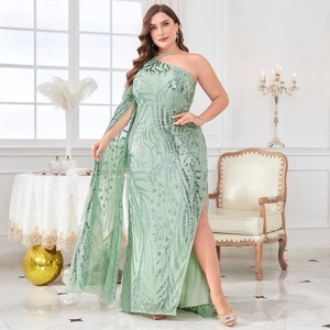 Sage green one shoulder sequin evening dress with high slit and flowing cape sleeve