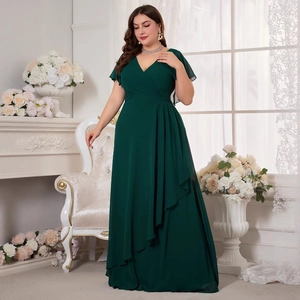 Elegant plus size dark green V-neck chiffon gown with ruffle sleeves and asymmetric hem